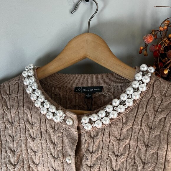 Adrianna Papell Pearl Button Braid Sweater Knit Cardigan SMALL in Heather Frappe - Picture 2 of 9